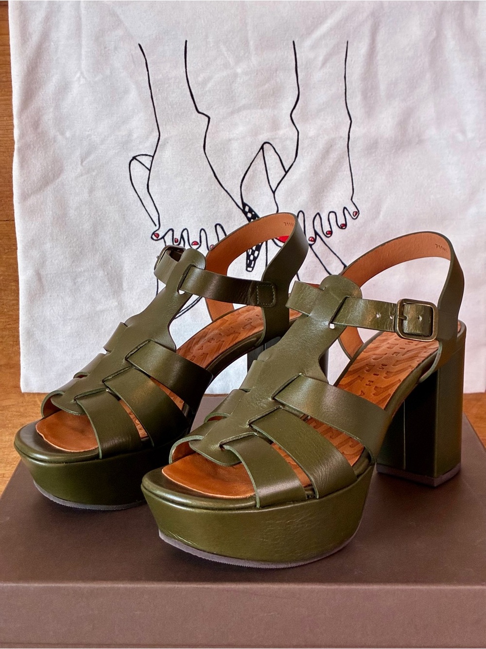 CHIE MIHARA High Heel Platform Fisherman Sandals Military Green Leather US 10